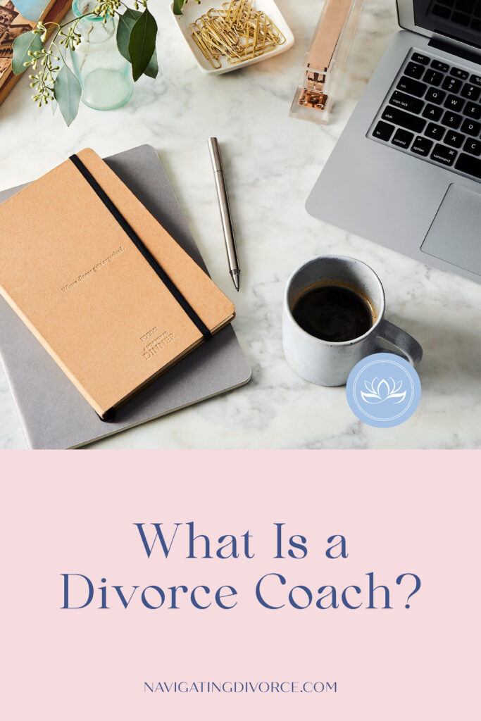 A laptop, journal, cup of coffee and other office supplies laid out on a marble table with the text "What is a Divorce Coach?" underneath.