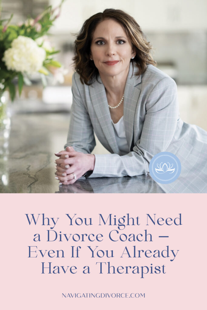 Image of Rebecca of Navigating Divorce smiling with the words "Why You Might Need a Divorce Coach — Even If You Already Have a Therapist" in a serif font underneath.
