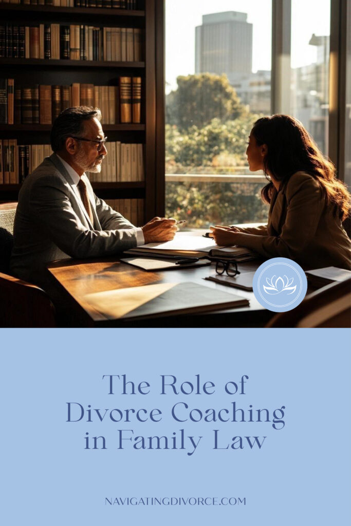 Photo of a woman and man sitting across from each other at a desk covered in papers with the words, "The Role of Divorce Coaching in Family Law" beneath in blue.