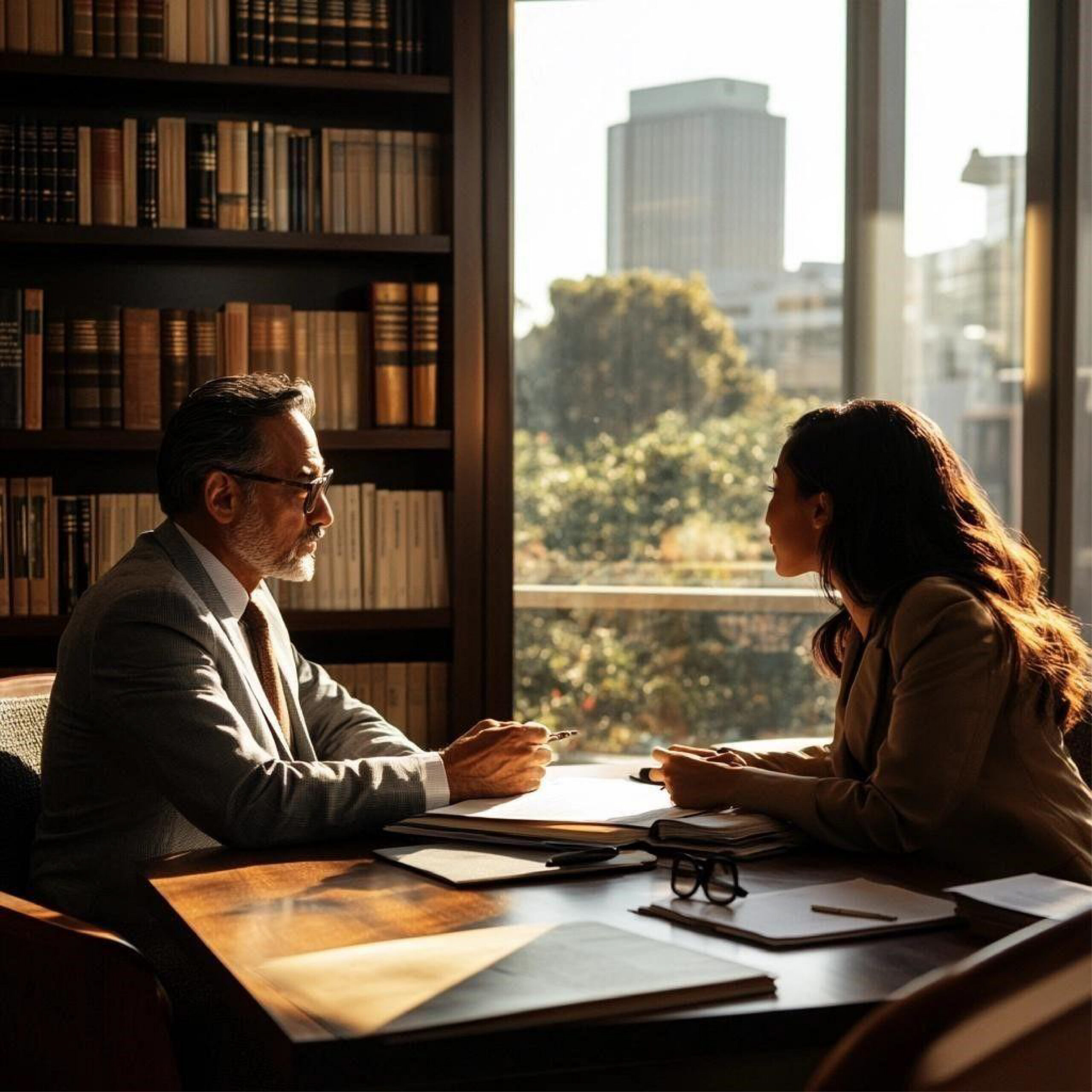 Photo of a woman and man sitting across from each other at a desk covered in papers.